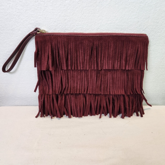 Old Navy Suede Feel Fringe Clutch Bag Hippie Boho Western Maroon - Picture 3 of 7